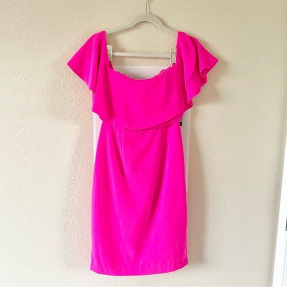 Lulu’s Aurelia Hot Pink Off the Shoulder Mini Dress Small Barbie Barbiecore - Picture 5 of 11